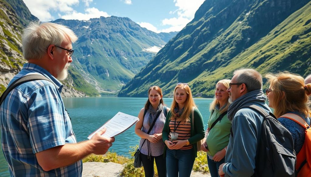 Eco-tourism guide showing tourists Norwegian fjords, representing small business ideas in Norway for foreigners Eco-tourism guide showing tourists Norwegian fjords, representing small business ideas in Norway for foreigners