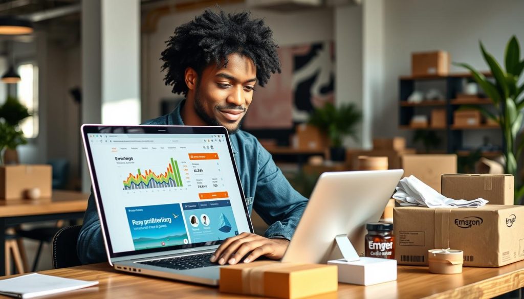 Entrepreneur managing Norwegian e-commerce business from laptop, representing small business ideas in Norway for foreigners Entrepreneur managing Norwegian e-commerce business from laptop, representing small business ideas in Norway for foreigners
