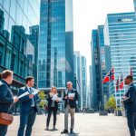 Norwegian business district with modern buildings and entrepreneurs discussing small business ideas in Norway for foreigners