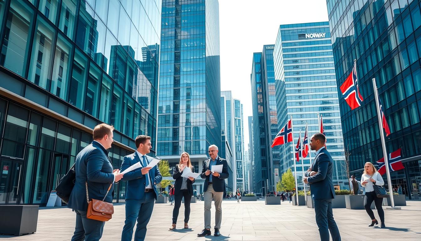 Norwegian business district with modern buildings and entrepreneurs discussing small business ideas in Norway for foreigners