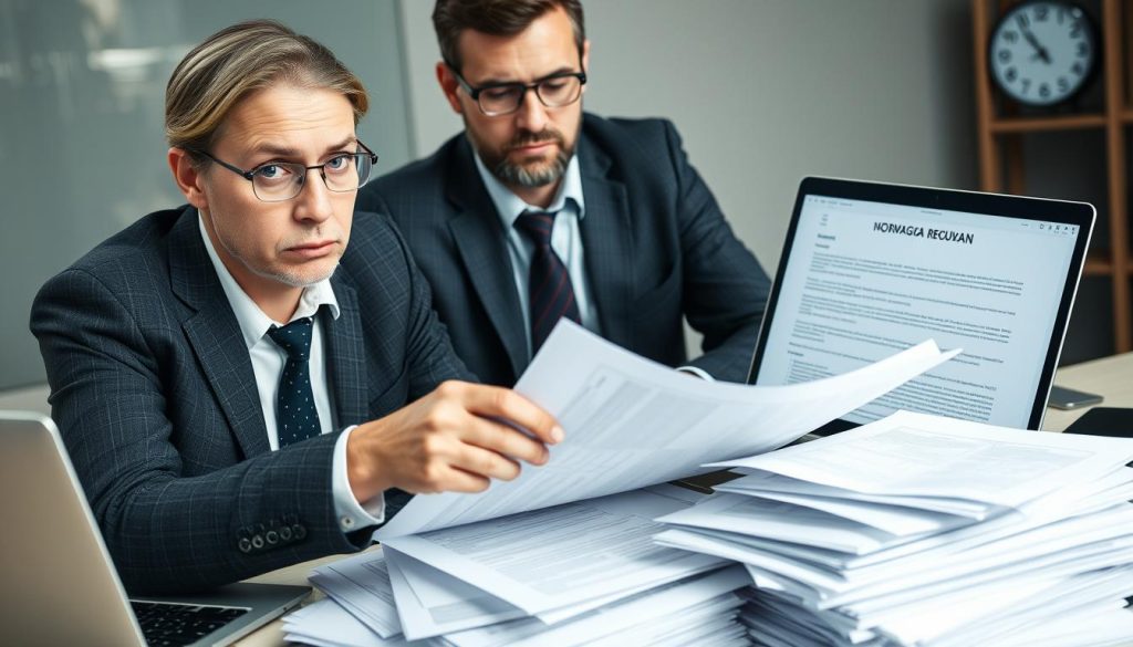 Business person reviewing complex Norwegian regulations and documents representing challenges in company incorporation